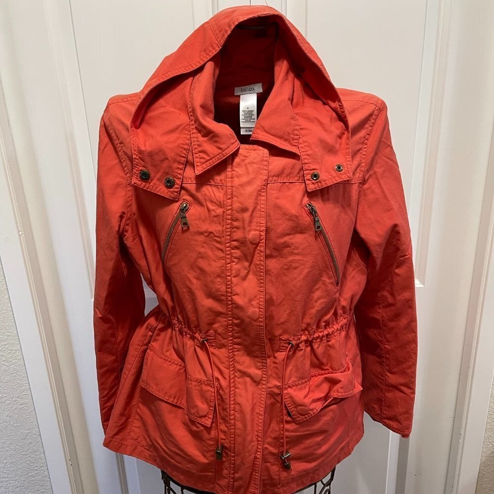 LIZ & Co Orange Cinch Waist Hooded Lightweight Jacket Size M